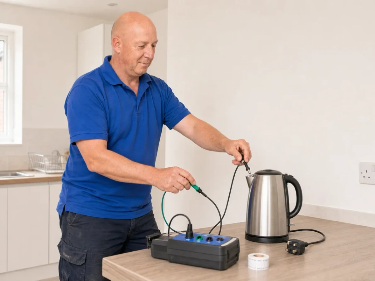 Electrician visually inspecting a UK plug beside a portable appliance tester