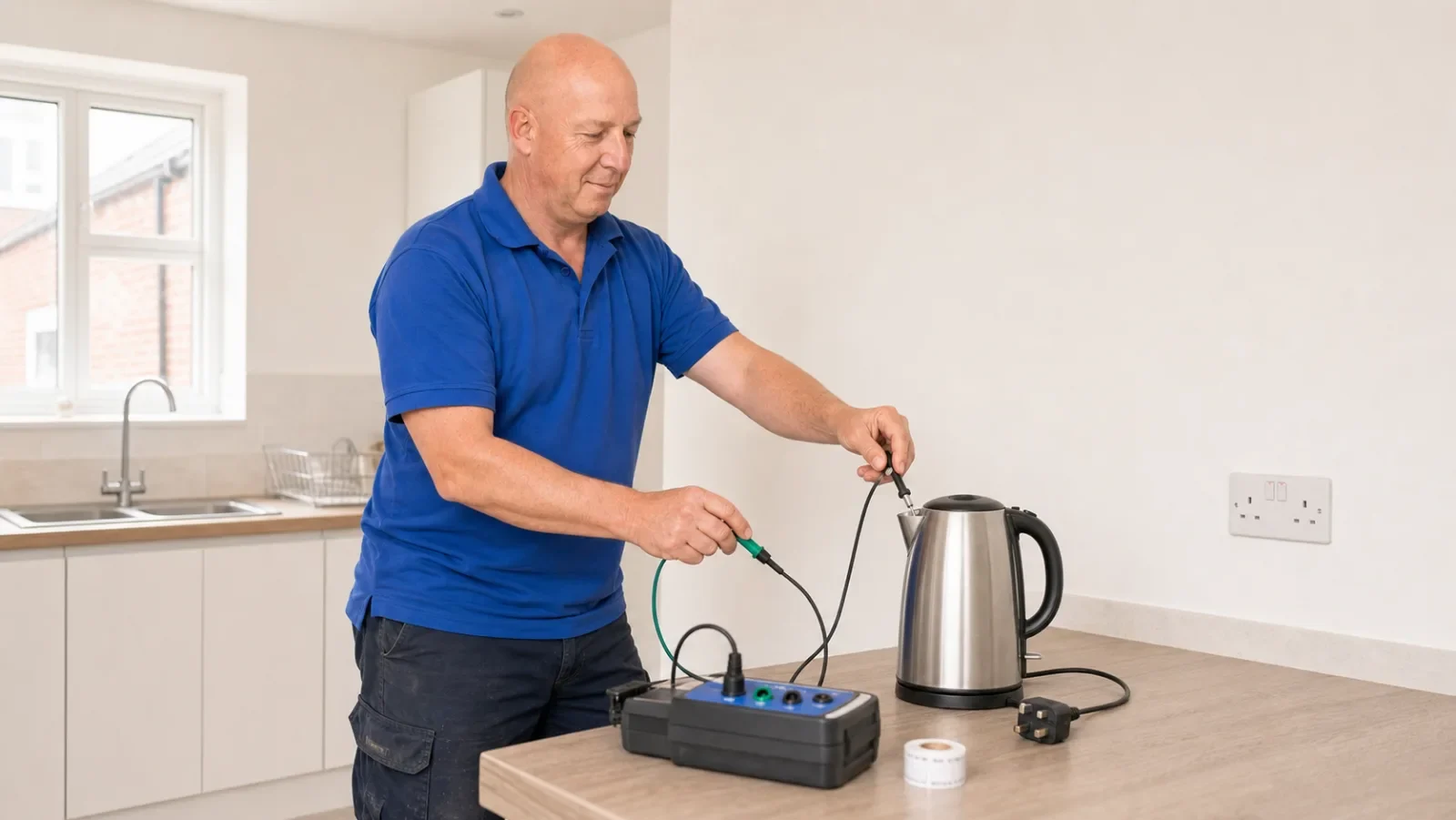 Electrician visually inspecting a UK plug beside a portable appliance tester by TMB Electrics