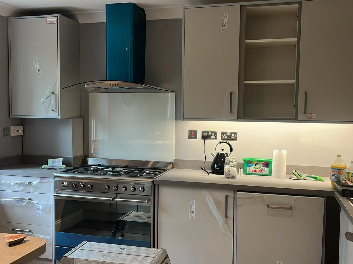 Cooker control switch and sockets fitted above a worktop